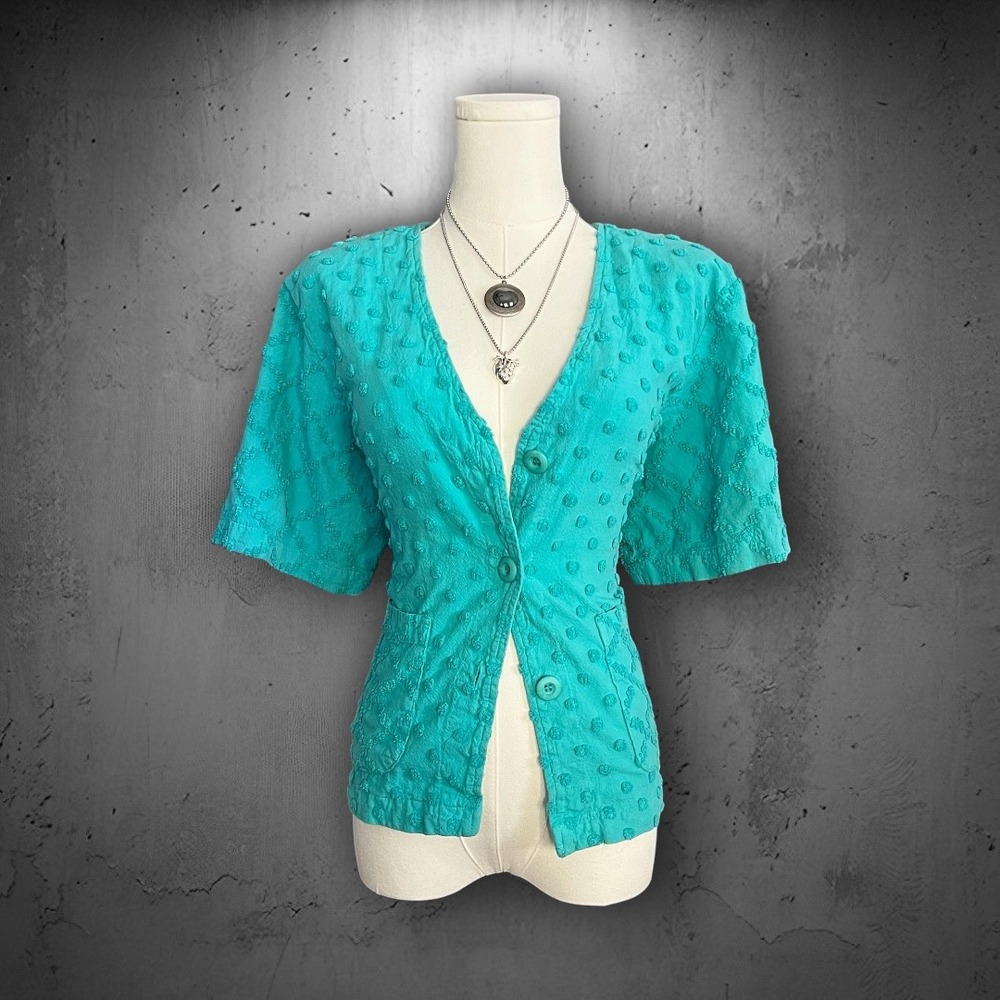 Vintage 90s Focus USA Teal Swiss Dot Textured Button Up Shoulder Pad Blouse L/XL